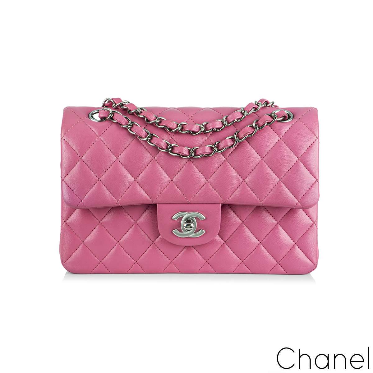 Chanel Fuchsia Pink Lambskin Classic Small Flap Bag | Rich Diamonds
